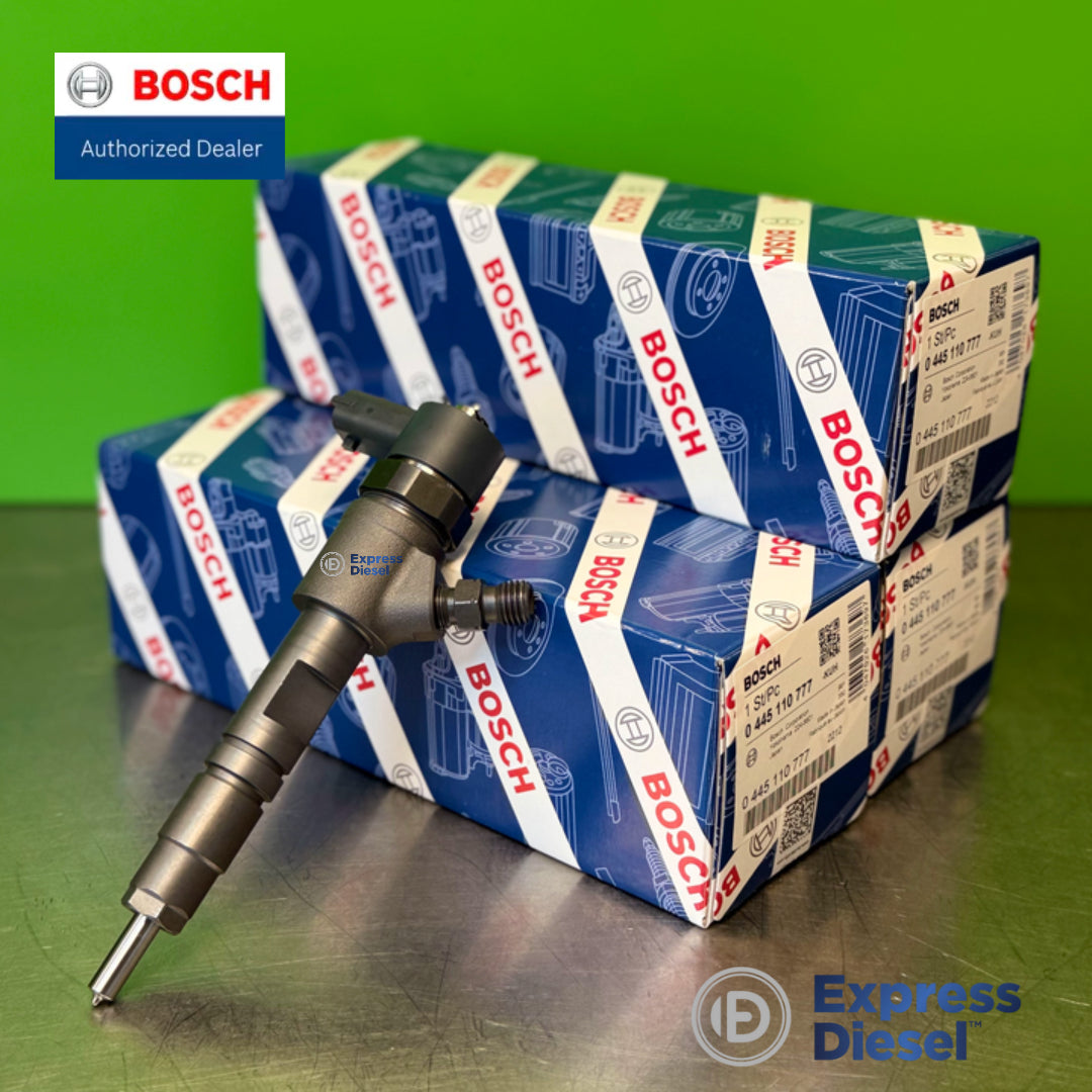 Bosch 0445110777 injector set of 3 - injector side profile with three Bosch boxes
