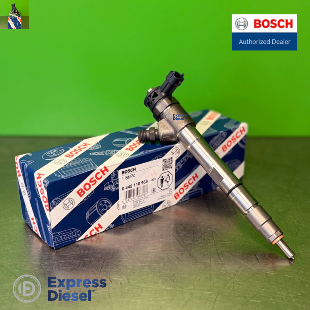Bosch 0445110968 common rail injector side view on Bosch box