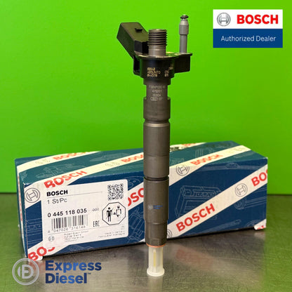 Bosch 0445118035 CRI3-22 injector for BMW X5 M50d - full length view showing electrical connector, return line and nozzle