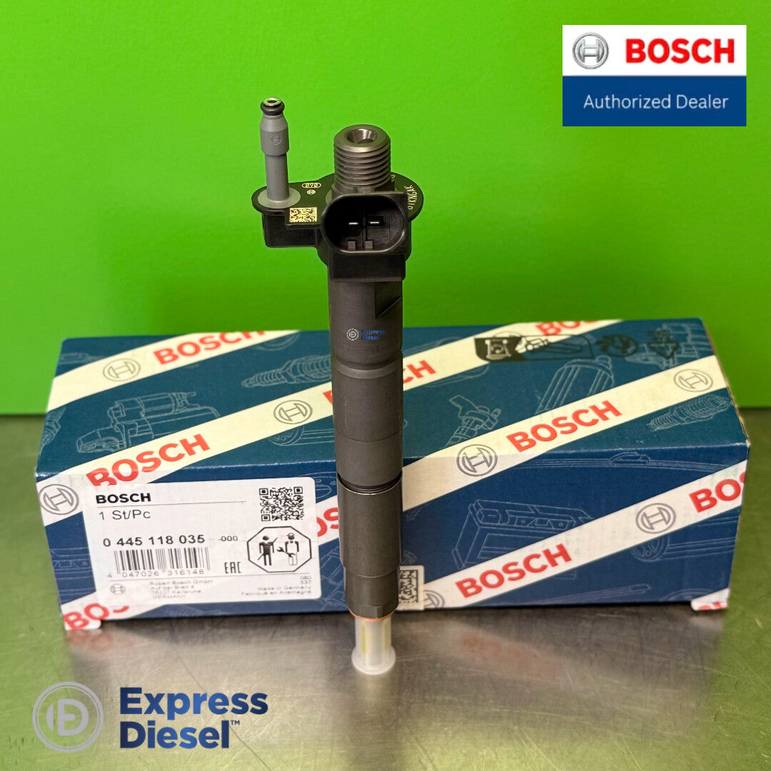 Bosch 0445118035 CRI3-22 piezo common rail injector for BMW N57 D30C - front view with original Bosch box