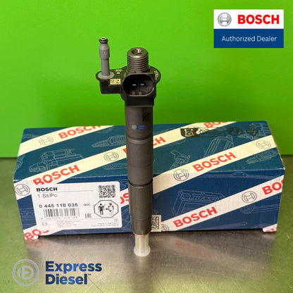 Bosch 0445118035 CRI3-22 piezo common rail injector for BMW N57 D30C - front view with original Bosch box