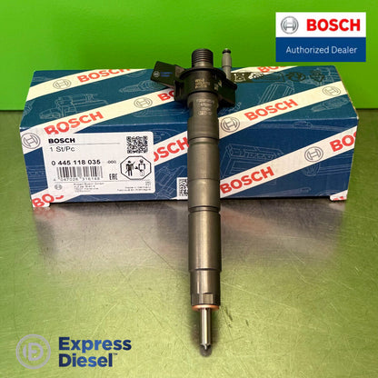 Bosch 0445118035 piezo injector for BMW M550d and 750d - diagonal view resting on the original Bosch packaging
