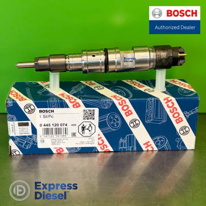 Bosch 0445120074 common rail injector - full side view showing body and nozzle