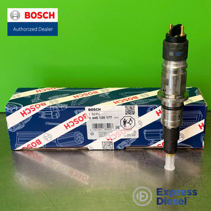 Genuine Bosch 0445120177 CRIN common rail diesel fuel injector for Cummins ISB QSB 6.7L next to original Bosch OEM box