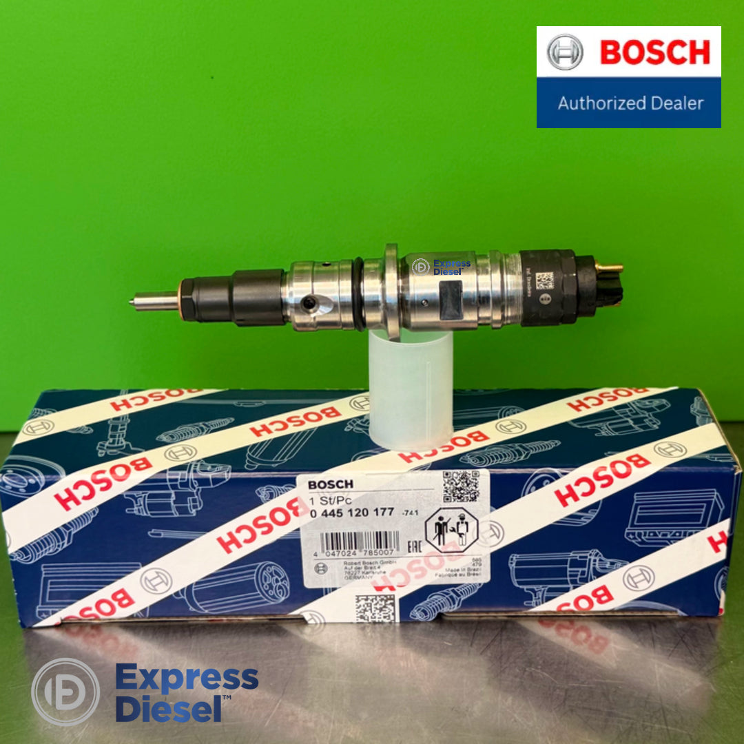 Genuine new Bosch 0445120177 CRIN common rail diesel injector (Cummins 5254261) beside its original Bosch box, made in Brazil, for Cummins QSB and ISB 6.7L engines