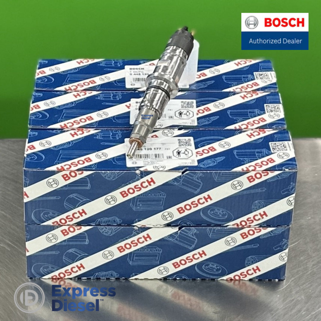 Set of 6 genuine Bosch 0445120177 CRIN common rail injectors for Cummins QSB ISB 6.7L on a stack of original Bosch OEM boxes
