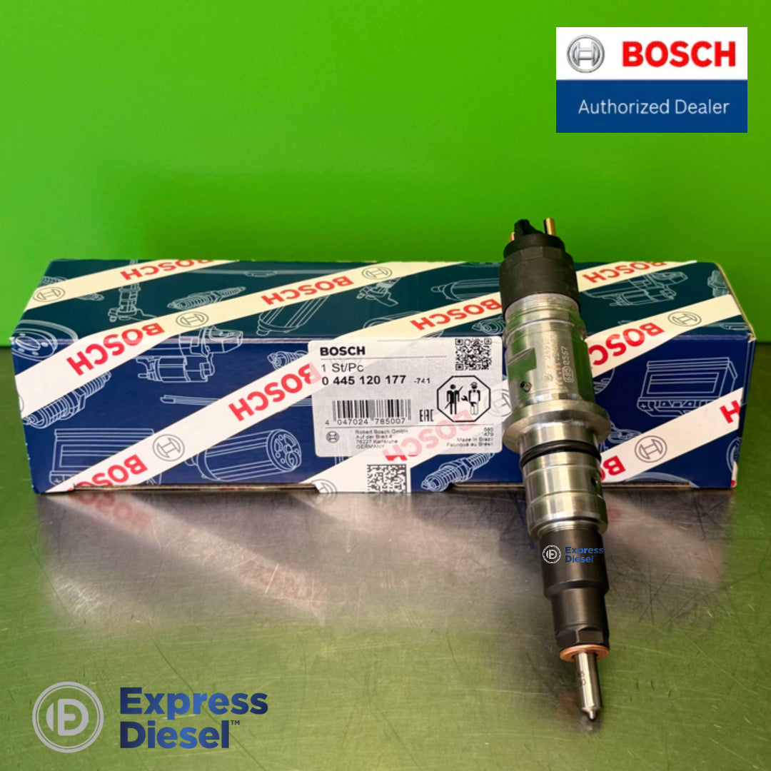 Bosch 0445120177 common rail injector nozzle and body in front of the original Bosch box showing part number 0 445 120 177 and EAN 4047024785007
