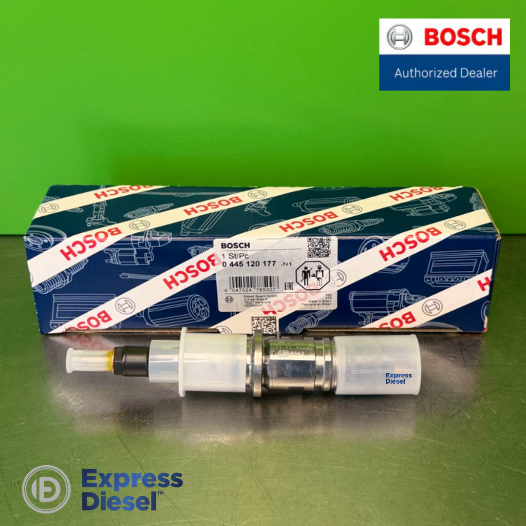 Bosch 0445120177 injector with factory protective caps on the nozzle and high-pressure inlet, in front of the sealed Bosch box