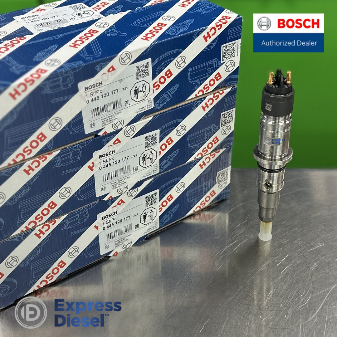 Full view of a Bosch 0445120177 common rail injector beside the set-of-6 Bosch boxes for Cummins ISB QSB 6.7L