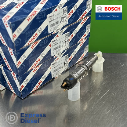 Bosch 0445120177 injector nozzle in protective sleeve next to original Bosch boxes, set of 6 for Cummins 6.7L