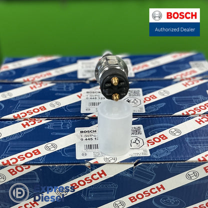 Bosch 0445120177 injector solenoid connector close-up with stacked Bosch boxes from the set of 6 for Cummins 6.7L