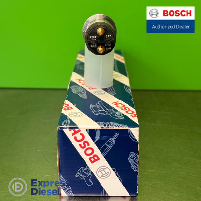 Top view of Bosch 0445120177 injector solenoid connector with two electrical terminals and laser engraving