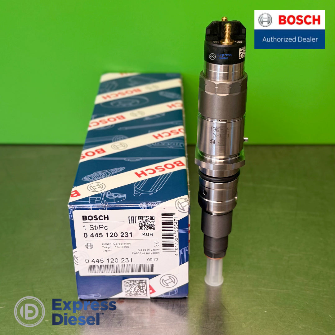 Side view of genuine Bosch 0445120231 common rail injector for Komatsu 6754-11-3011 with OEM packaging
