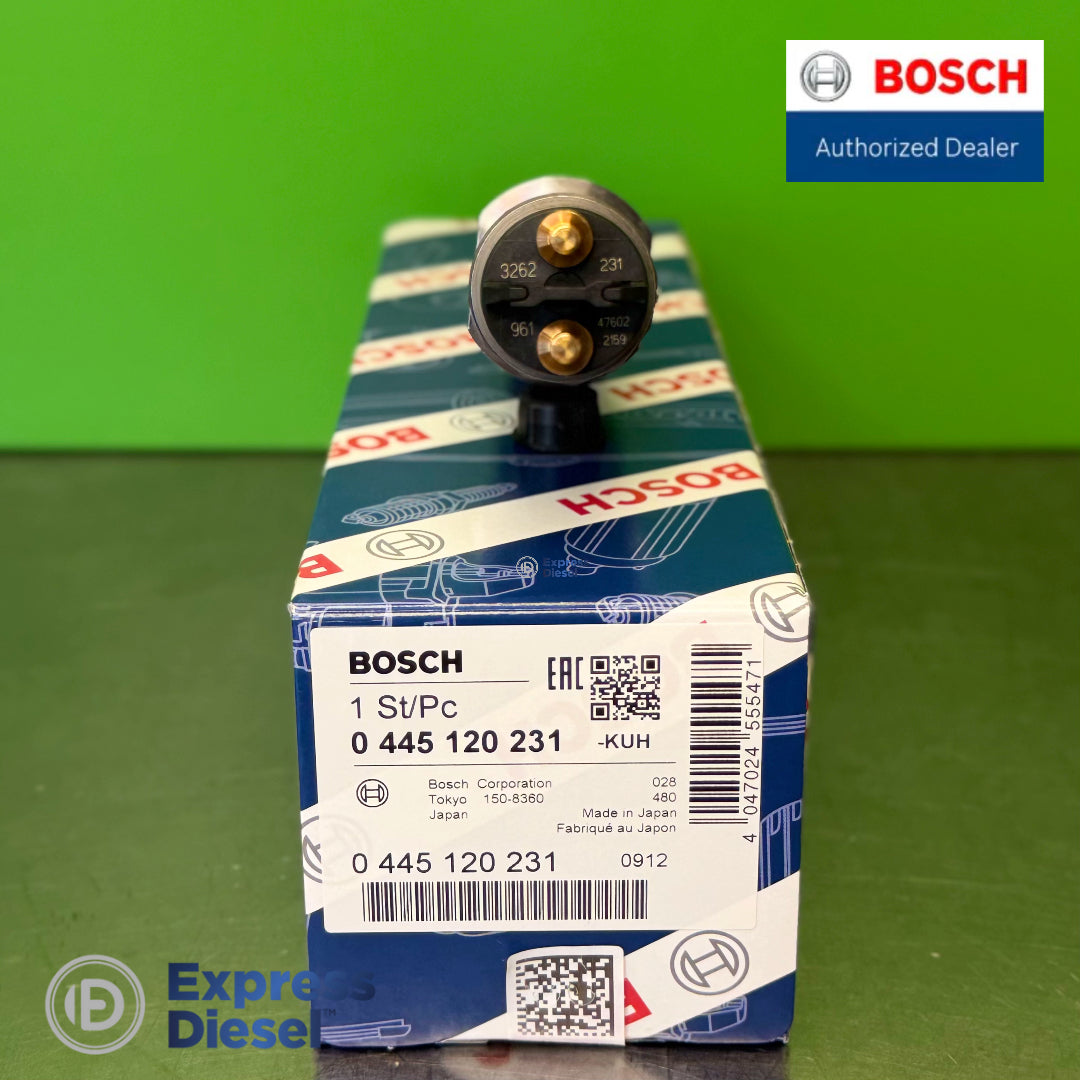 Top view of Bosch 0445120231 injector solenoid electrical connector with Bosch OEM box label 0 445 120 231