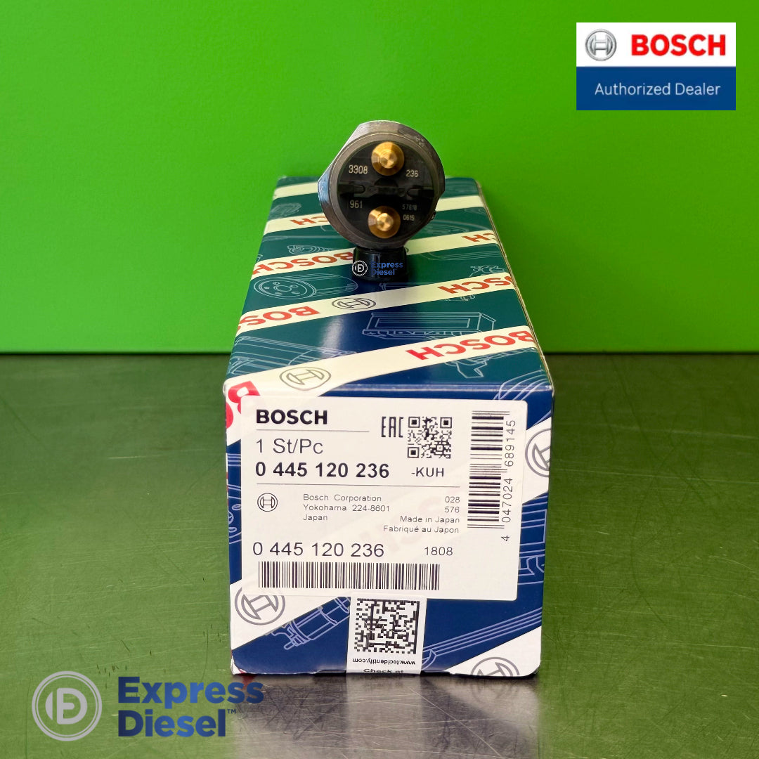 Top view of Bosch 0445120236 injector solenoid electrical connector with marking