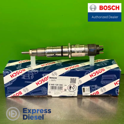 Bosch 0445120305 common rail injector - full side view on Bosch packaging