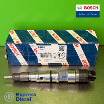 Bosch 0445120340 injector with the Bosch box label showing part number 0 445 120 340, EAN 4047025020664 and Made in Germany