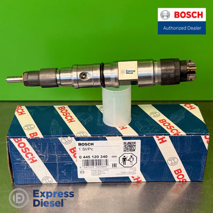Bosch 0445120340 CRIN2-16 injector full body side view from nozzle tip to solenoid connector