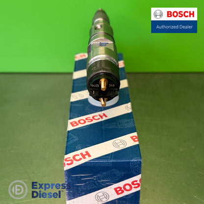 Bosch 0445120340 injector standing upright showing the two-pin solenoid connector