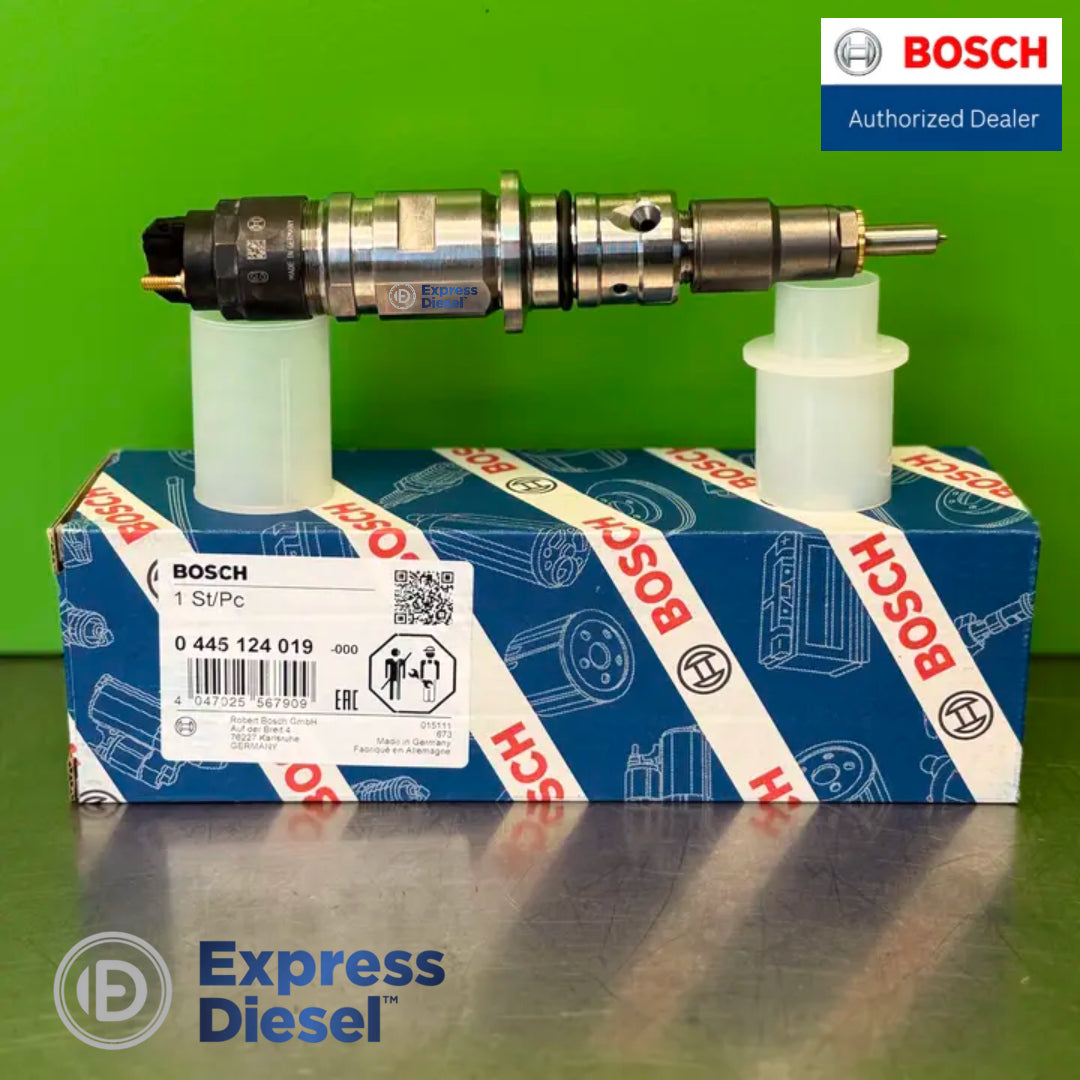 Bosch 0445124019 common rail injector - side view with the Bosch box label 0 445 124 019 and EAN 4047025567909