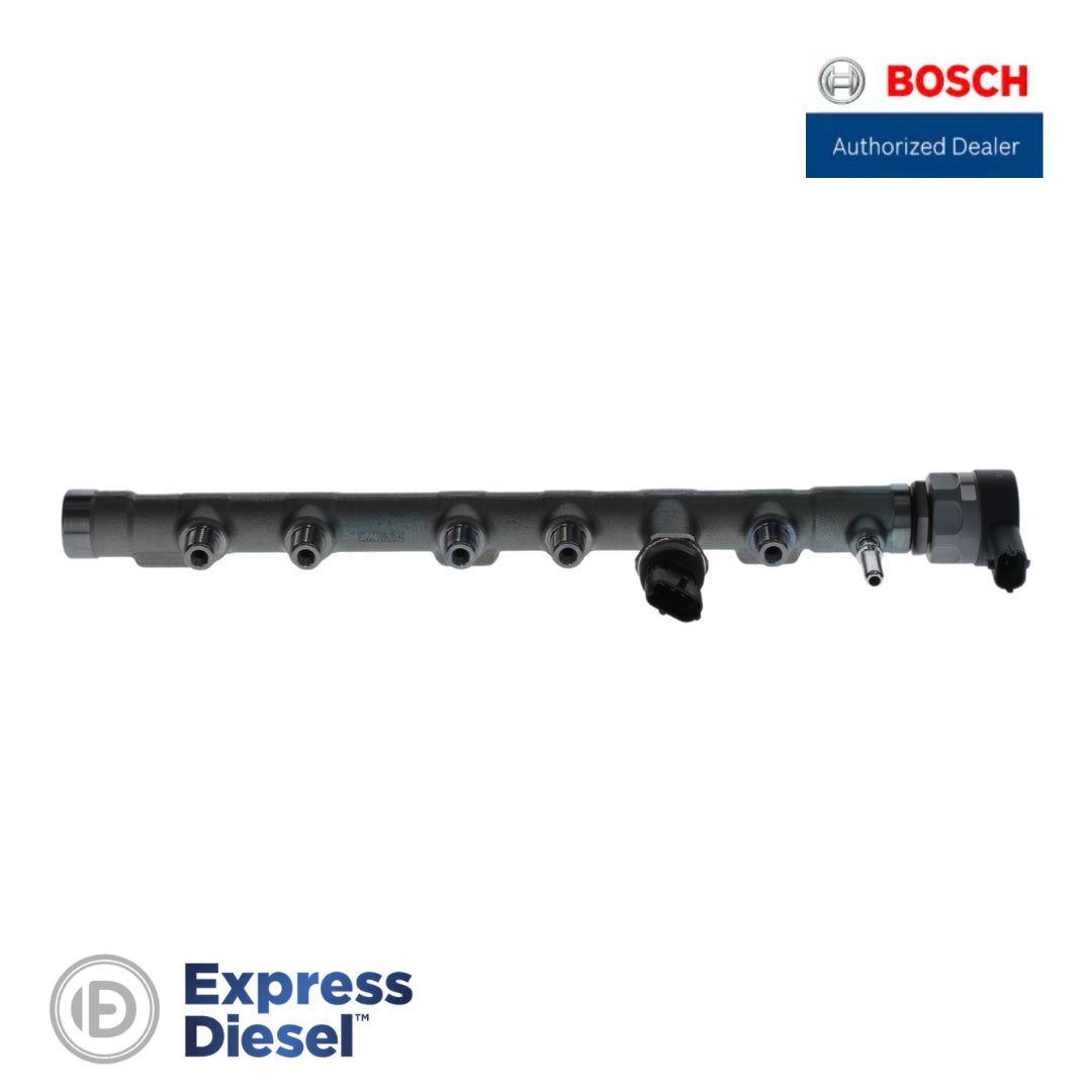 Genuine Bosch 0445214411 common rail fuel rail for Hyundai H100 2.5 2.6 CRDi - front view with high-pressure sensor and pressure control valve