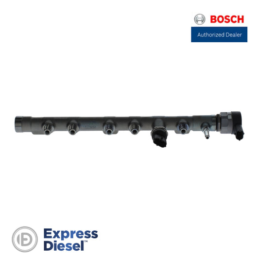 Genuine Bosch 0445214411 common rail fuel rail for Hyundai H100 2.5 2.6 CRDi - front view with high-pressure sensor and pressure control valve