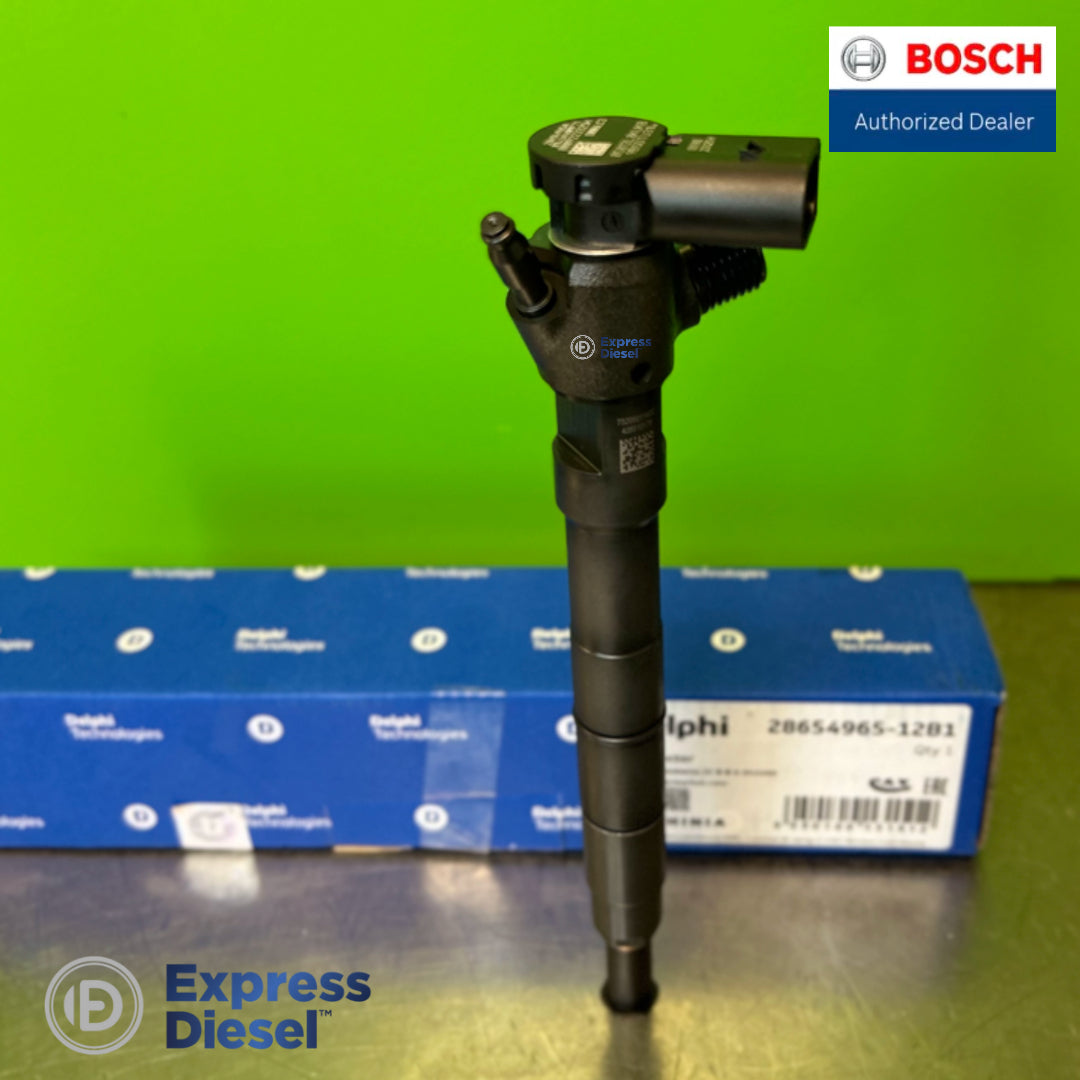 Delphi common rail injector 28654965 for VW Crafter and MAN TGE 2.0 TDI, front view with original Delphi box