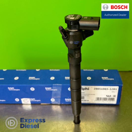 Delphi common rail injector 28654965 for VW Crafter and MAN TGE 2.0 TDI, front view with original Delphi box