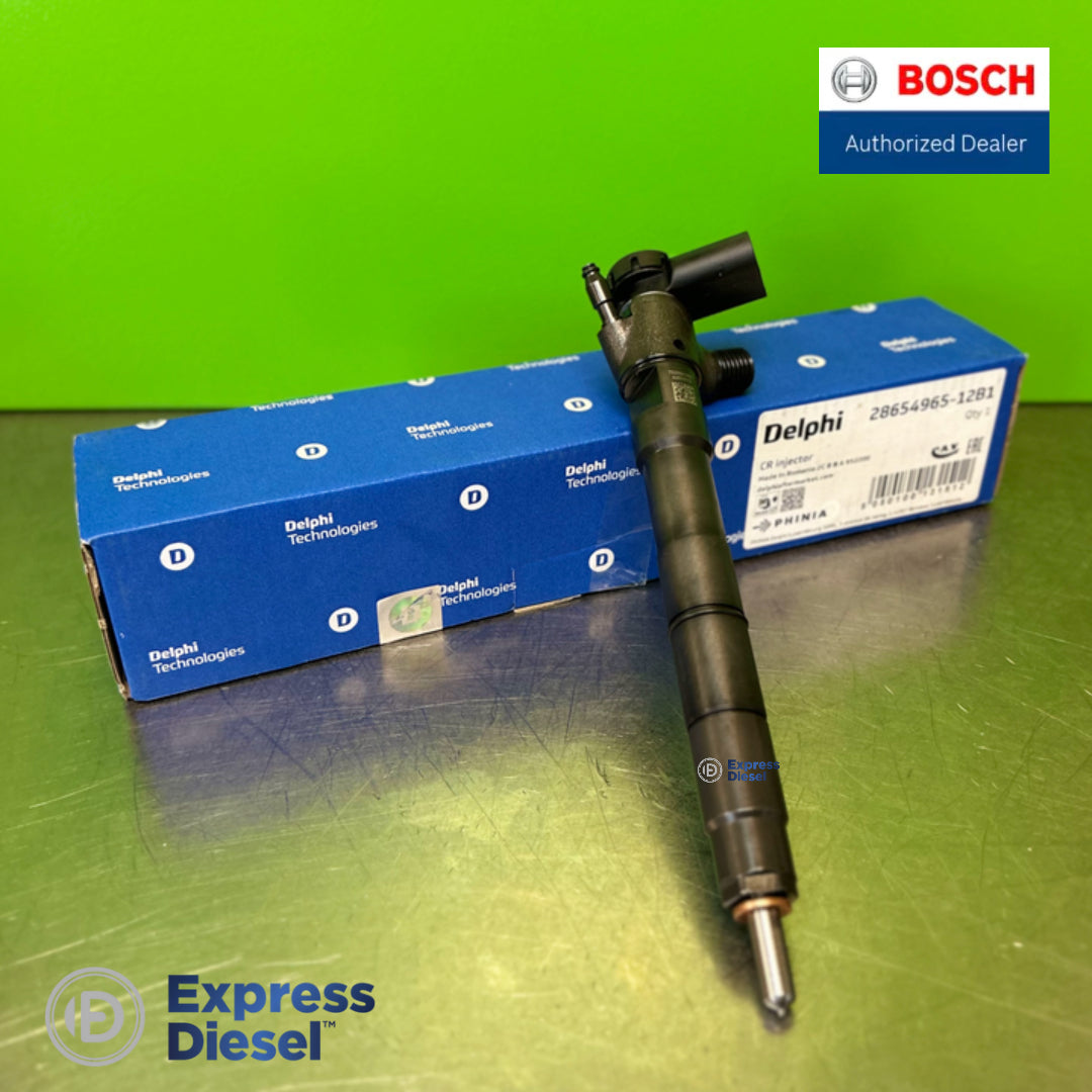Delphi DFI 1.20 injector 28654965 side view leaning on the Delphi box