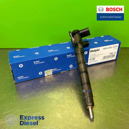Delphi DFI 1.20 injector 28654965 side view leaning on the Delphi box