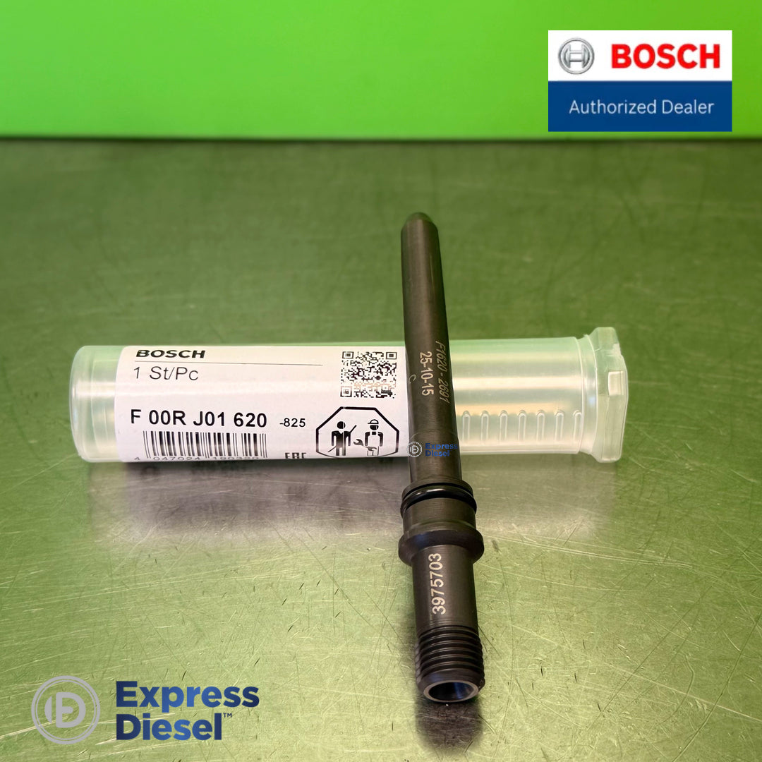 Side view of Bosch F00RJ01620 high-pressure injector inlet connector (Cummins 3975703, DAF 1876292)