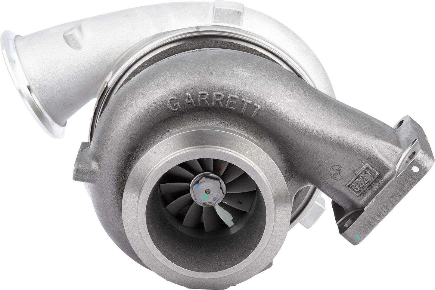 Garrett GTB4294 compressor housing front view with cast Garrett logo and compressor wheel, MTU S1600, ref 776599-5006S