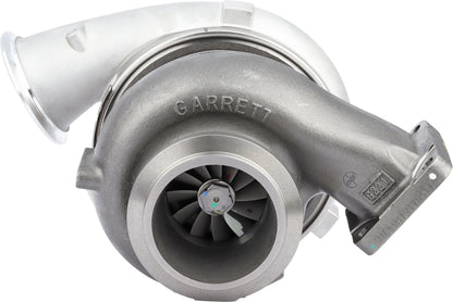 Garrett GTB4294 compressor housing front view with cast Garrett logo and compressor wheel, MTU S1600, ref 776599-5006S