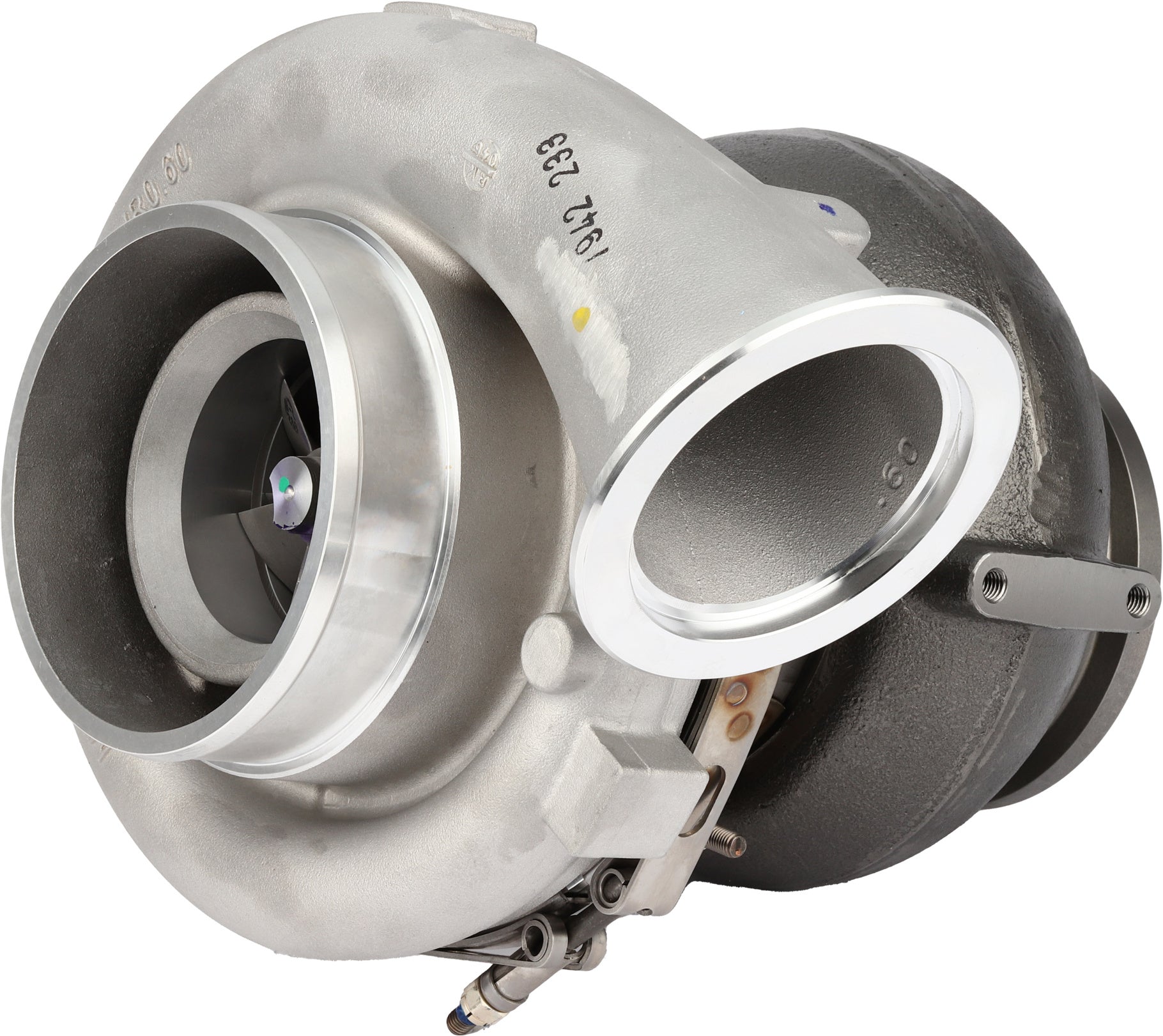 Garrett GTB4294 twin-scroll T-flange turbine inlet face, MTU Detroit S1600, ref 776599-5012S