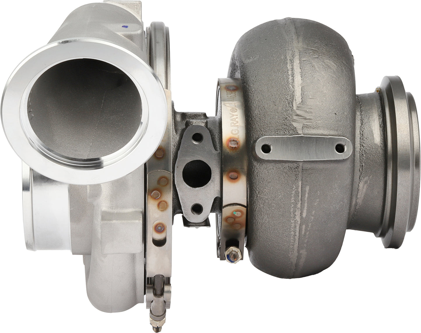 Garrett GTB4294 turbocharger detail view, central housing and V-band clamp, MTU S1600, ref 776599-0012