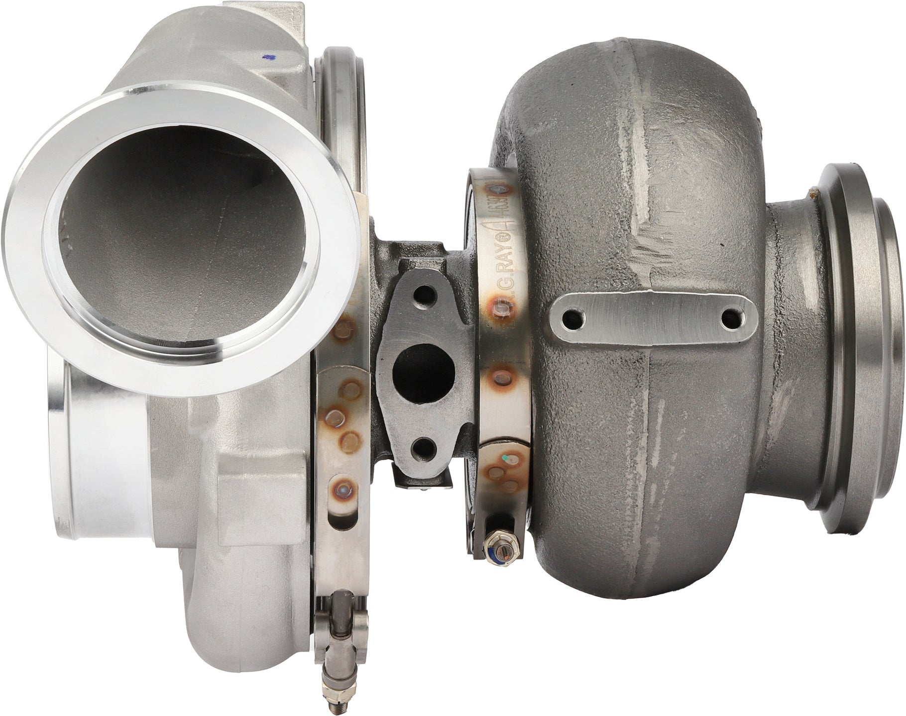 Garrett GTB4294 turbocharger detail view, central housing and V-band clamp, MTU S1600, ref 776599-0012