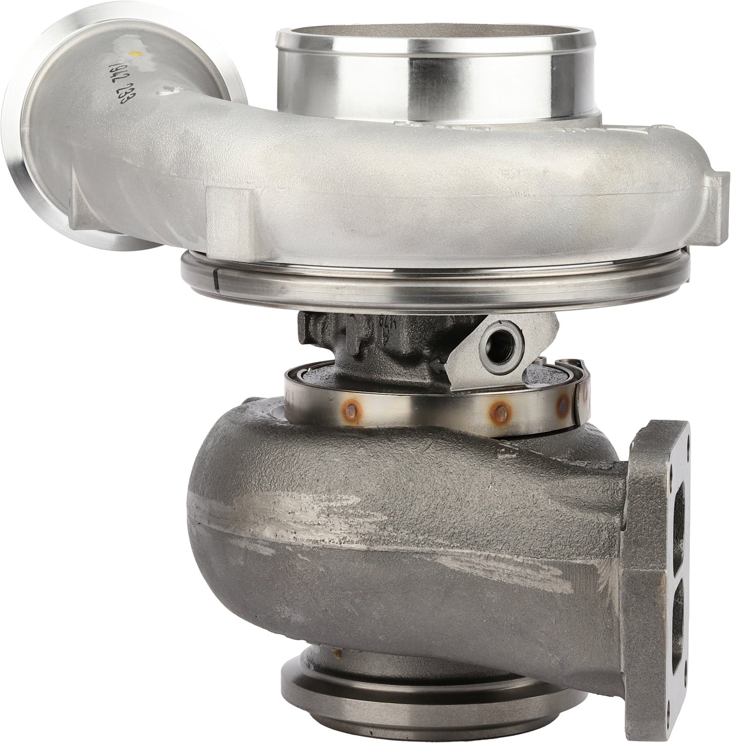 Garrett GTB4294 turbocharger three-quarter view with twin-scroll turbine inlet, MTU S1600, ref XT0110100126