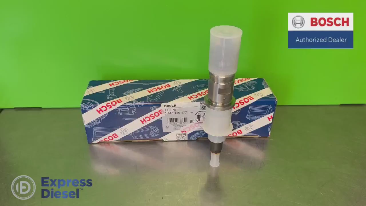 Product video of the genuine Bosch 0445120177 CRIN3-18 common rail injector for Cummins QSB4.5, QSB5.9, QSB6.7 and ISB6.7 diesel engines