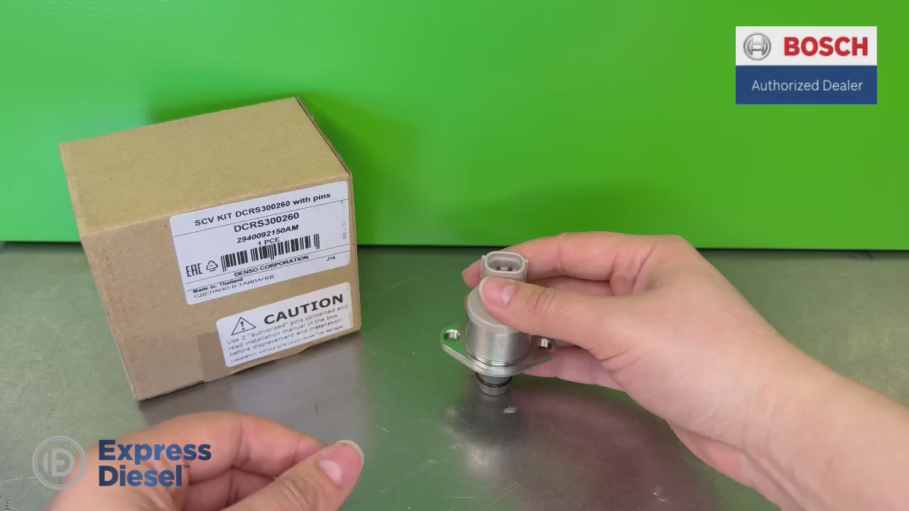 Product video of Denso DCRS300260 SCV kit 294200-0360 with installation pins, gasket and O-ring for diesel common rail injection pump